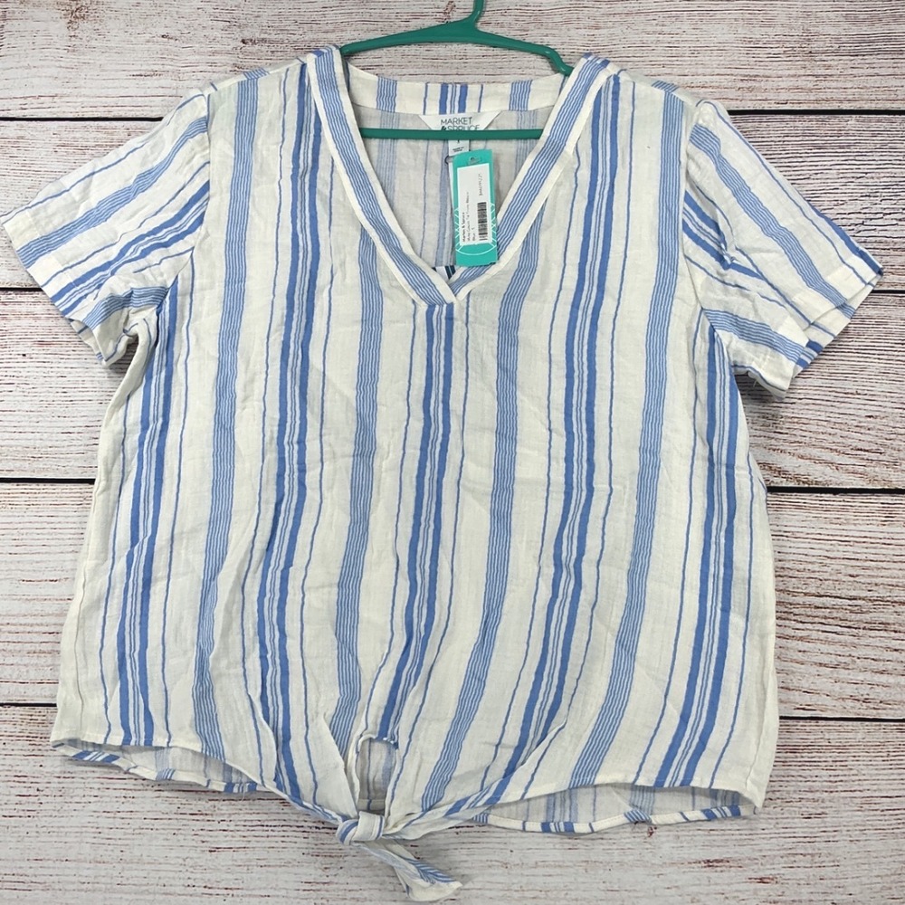 Market & Spruce Mina Gauze Tie Front Blouse Small Blue/White Pattern New W/ Tag